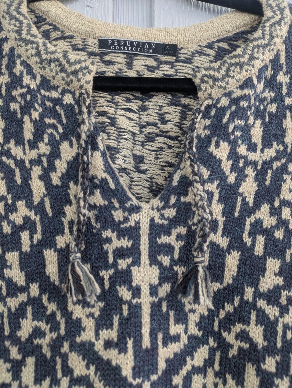 Peruvian Connection Cream and Blue Print Alpaca Pima Cotton Sweater - Picture 3 of 6
